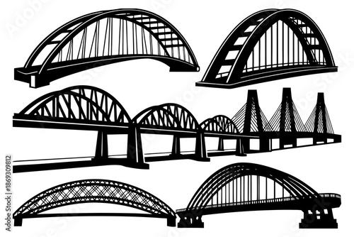 Arch Bridge Vector Illustration Set, Black and White Line Art Collection. Bridges Silhouette Vector Set, Architectural Line Art Illustration. Vector Engineering Bridge Illustration