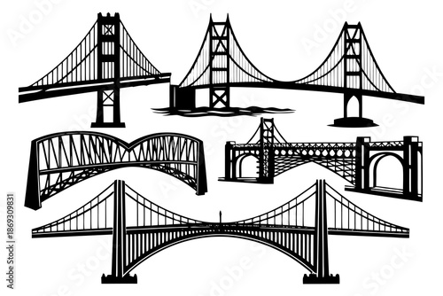 Suspension and Arch Bridge Vector Illustration Set, Black and White Line Art Collection. Famous Bridges Silhouette Vector Set, Architectural Line Art Illustration.