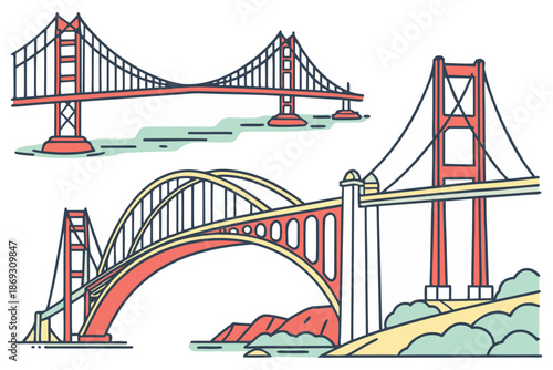 Iconic Suspension Bridges Vector Illustration Set, Golden Gate Style Landmark Bridges. Famous Suspension Bridges Collection, Hand Drawn Vector Illustration.