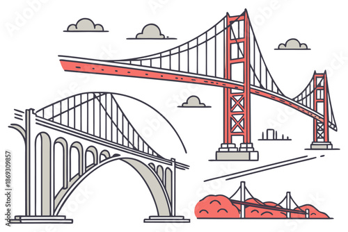 Iconic Suspension Bridges Vector Illustration Set, Golden Gate Style Landmark Bridges. Famous Suspension Bridges Collection, Hand Drawn Vector Illustration.