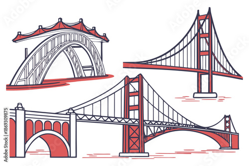 Iconic Suspension Bridges Vector Illustration Set, Golden Gate Style Landmark Bridges. Famous Suspension Bridges Collection, Hand Drawn Vector Illustration.