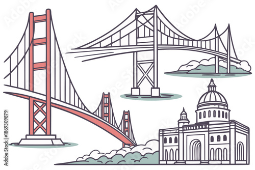 Iconic Suspension Bridges Vector Illustration Set, Golden Gate Style Landmark Bridges. Famous Suspension Bridges Collection, Hand Drawn Vector Illustration.