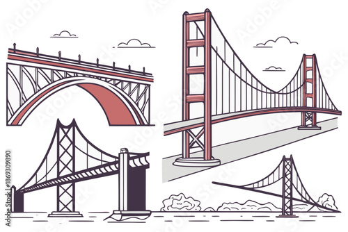 Iconic Suspension Bridges Vector Illustration Set, Golden Gate Style Landmark Bridges. Famous Suspension Bridges Collection, Hand Drawn Vector Illustration.