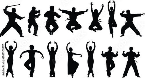 Martial arts and dance silhouette collection, dynamic jumping fighting poses, karate kung fu yoga movements, black vector illustration set
