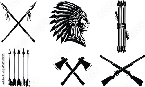 Black silhouette crossed spears native american chief head with feather headdress crossed tomahawks crossed rifles bundle of arrows and arrows set vector icons