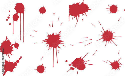 Multiple red blood splatters, drips, and energetic splashes scattered across a clean white surface