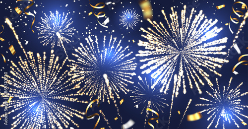 Golden fireworks and confetti explosion on blue background illustration
