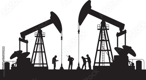Silhouettes of workers operating large oil pumpjacks on a vast oil field under a clear sky
