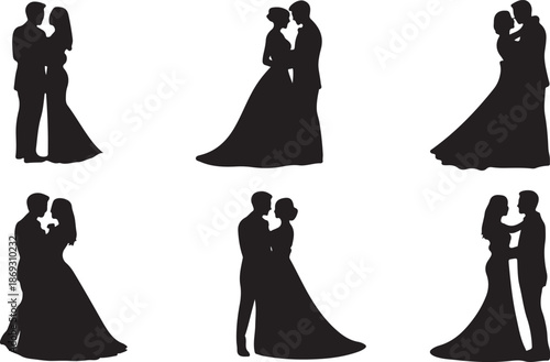 Six elegant black silhouettes of loving couples embracing in wedding attire