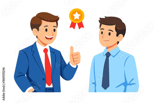 Two businessmen celebrating success with a medal and thumbs up