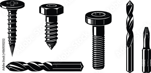 Detailed black and white vector art of various screws and drill bits isolated on white background with sharp edges and reflective metal surface close up technical illustration