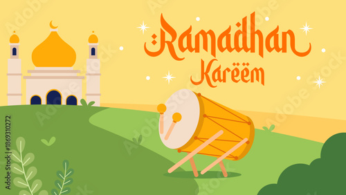 Islamic Ramadan Greeting Illustration with Mosque and Traditional Bedug Drum