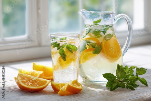 Refreshing citrus drink with orange slices and mint in a glass pitcher.