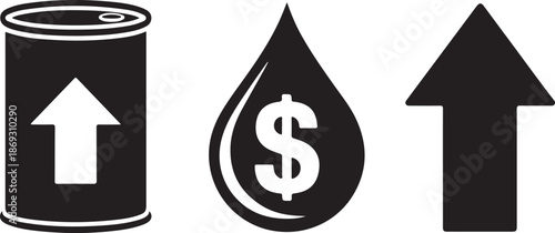 Three black icons symbolizing increasing oil prices and the general rise in commodity costs