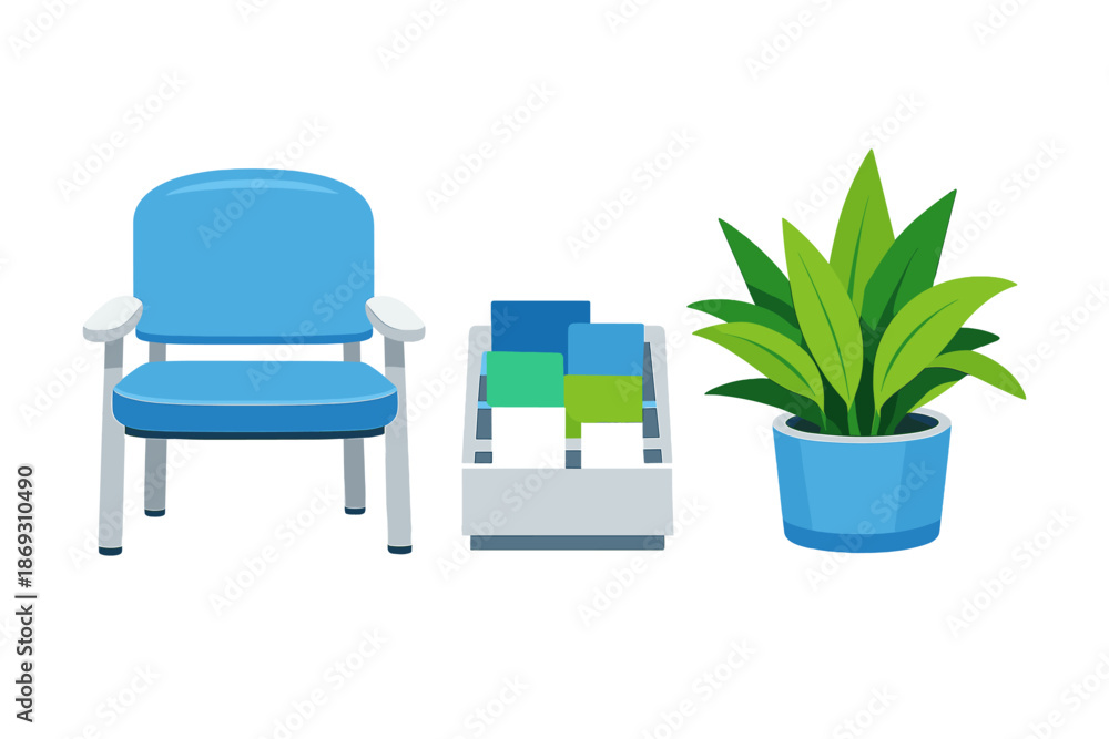 Fototapeta premium Modern waiting room with blue chair and potted plant