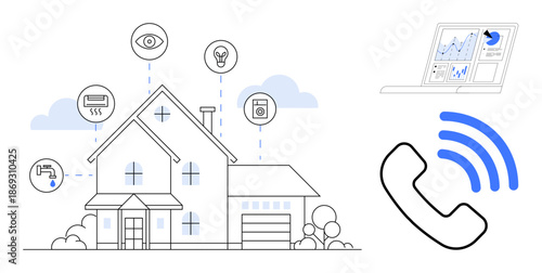 Smart homes, Internet of Things, home technology, remote control, connected devices, energy management. A house displays icons for smart systems with monitoring and connectivity tools. Smart homes