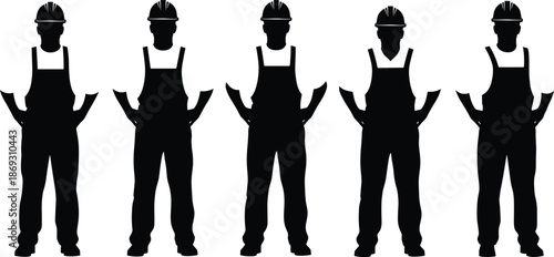 Construction worker silhouette set showing builders in overalls and safety helmets standing confidently isolated on white background vector