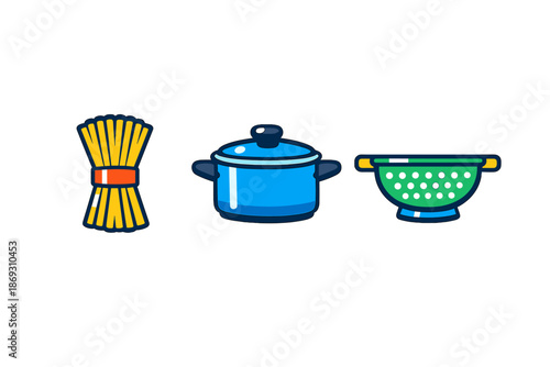 Cartoon spaghetti, pot, and colander on dark background