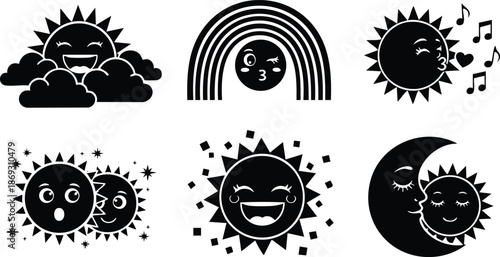 Black and white vector sun and moon icons with smiling expressions winking faces kissing musical notes stars and rainbow elements in cute playful flat design