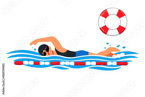 Swimmer in a lane with a life preserver overhead