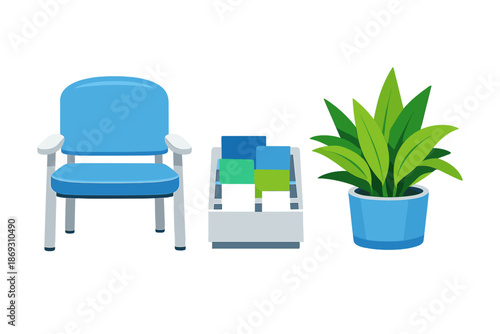 Modern waiting room with blue chair and potted plant