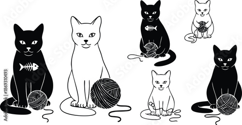 Minimalist black and white vector art cats sitting next to balls of yarn with fishbone designs simple playful pet illustrations symmetrical balanced composition flat design
