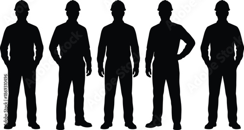 Construction worker silhouette set showing builders standing in different poses isolated on white background vector illustration design collection