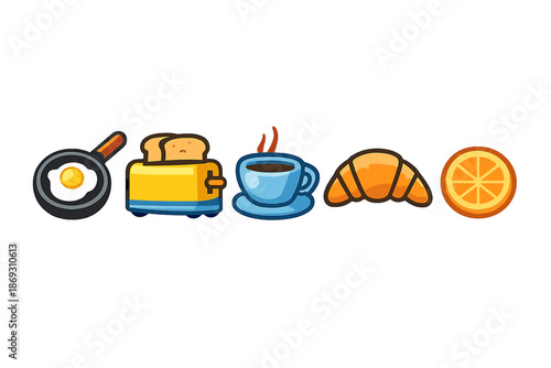 Breakfast Icons Collection with Fried Egg, Toaster, Coffee, Croissant, and Orange Slice