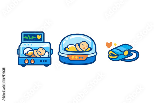 Baby in incubator and cradle with heart symbol