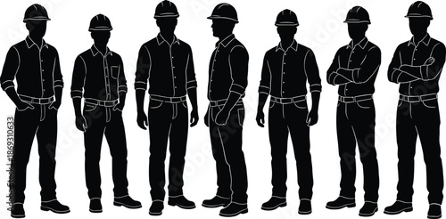 Construction worker silhouette set showing engineers and laborers standing in different poses isolated on white background vector illustration