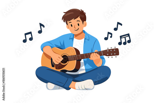 Young man playing acoustic guitar with musical notes