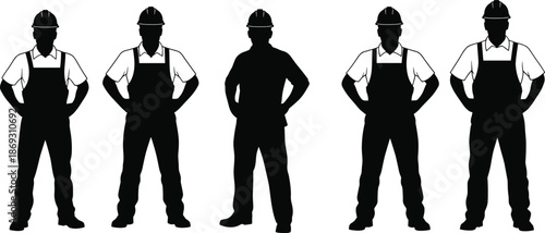 Construction worker silhouette set showing builders in overalls and safety helmets standing confidently isolated on white background vector illustration