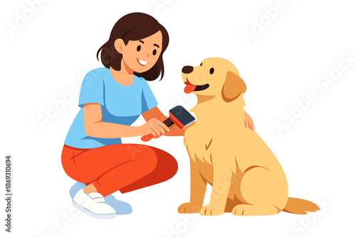 Woman brushing a golden retriever dog
