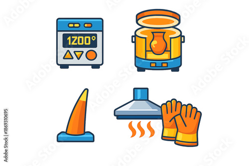 Ceramic kiln and tools icon set