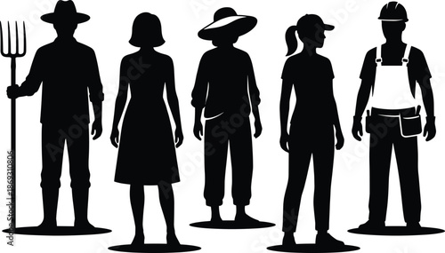 Diverse group of professional silhouettes including farmers with pitchforks and gardeners alongside industrial construction workers in safety gear and hard hats.