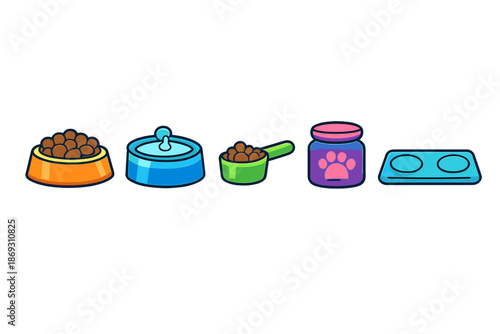 Pet Feeding and Watering Supplies Icon Set