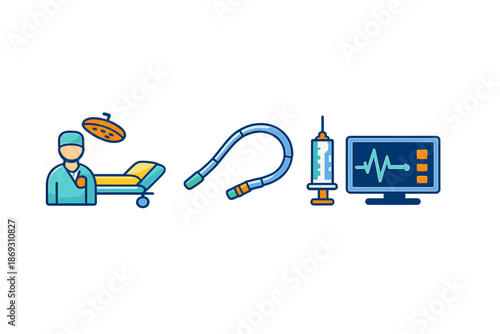 Medical icons with a glowing effect on a dark background