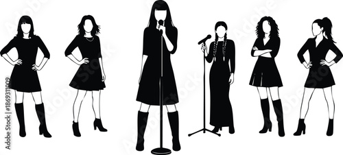 Black silhouette vector art of six women in different black dresses and boots standing with hands on hips and one singing into microphone on white background