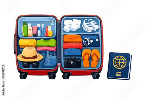 Open suitcase packed for vacation with travel essentials