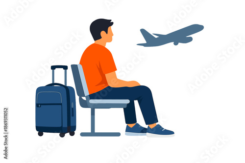 Man waiting at airport with luggage and airplane silhouette