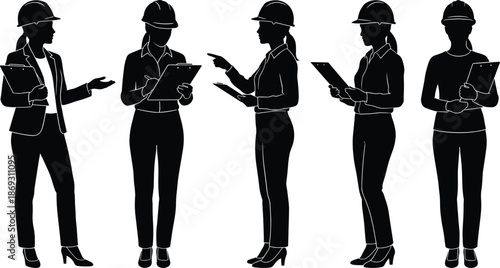 Female engineer silhouette set showing professional women in helmets discussing plans and checking clipboards isolated on white background vector illustration