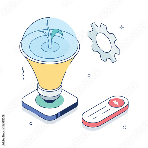 A visually appealing isometric illustration representing energy efficiency and power saving
