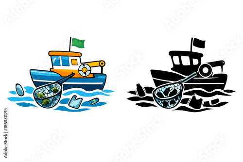 Polluted Fishing Net and Boat