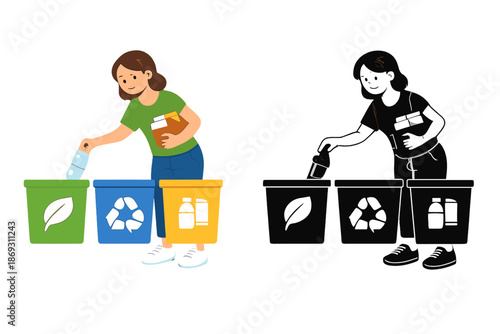 Woman sorting recycling with color-coded bins