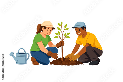 Children planting a tree together