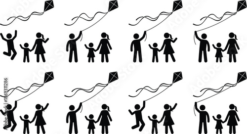 Happy family silhouette set showing parents and children flying kites together in outdoor activity isolated on white background vector illustration