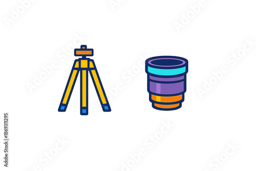 Camera lens and tripod icons with glowing effect