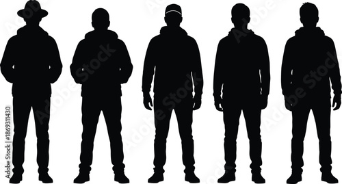 Male people silhouette set showing casual men standing in different outfits and poses isolated on white background vector illustration