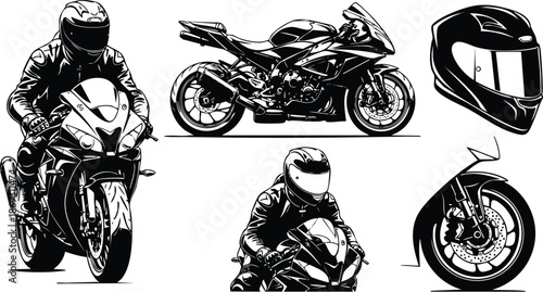 Black and white vector art showing fast motorcycle side view and rider on bike in protective gear with full face helmet isolated pieces including front wheel and helmet profile in detailed style