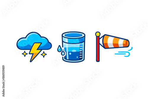 Weather icons: storm, rain gauge, and windsock